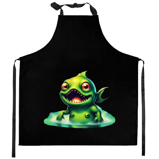 Green Monster Fish Emerge from the Deep Lake Scary Kitchen Aprons