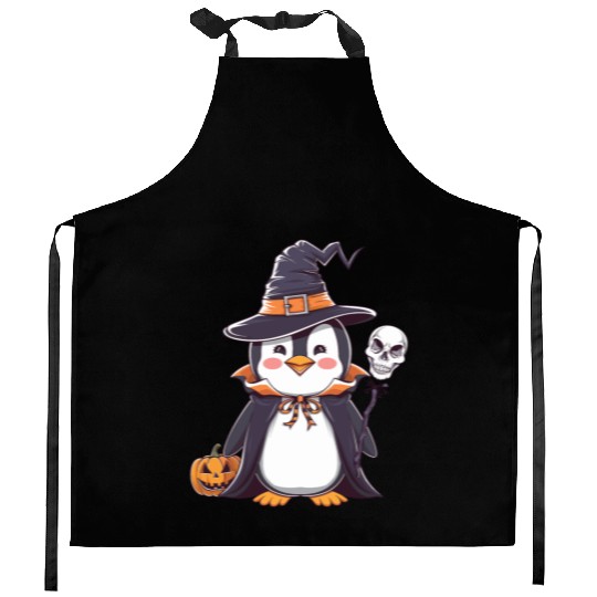 Penguin Halloween Sorcerer with Pumpkin and Skull Kitchen Aprons