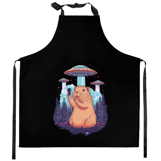 Funny Graphic Kitchen Aprons Capybara Selfie With Ufos Weird
