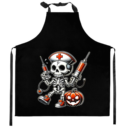 Skeleton Nurse with Medical Syringes Halloween Kitchen Aprons