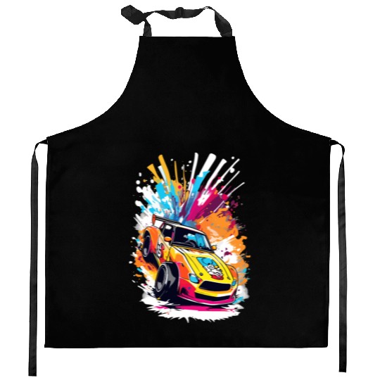 Retro Drift Car – animated Racing Splash Art Kitchen Aprons
