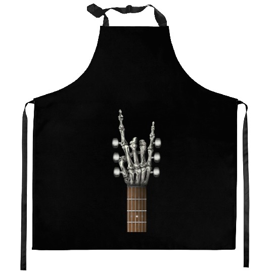 Rock On Guitar Neck Skeleton Hand Sign Rock & Roll Kitchen Aprons