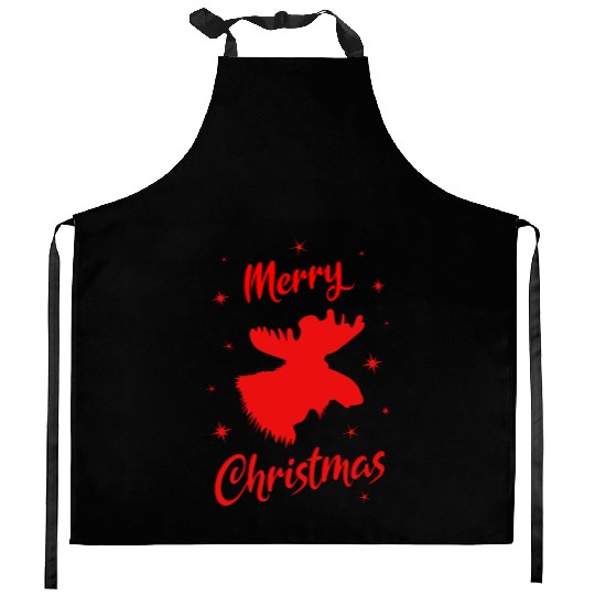 Festive Reindeer with Merry Christmas Text Kitchen Aprons