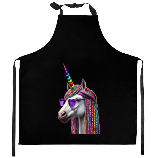 Rainbow Unicorn with Braids and Sunglasses Swag Kitchen Aprons