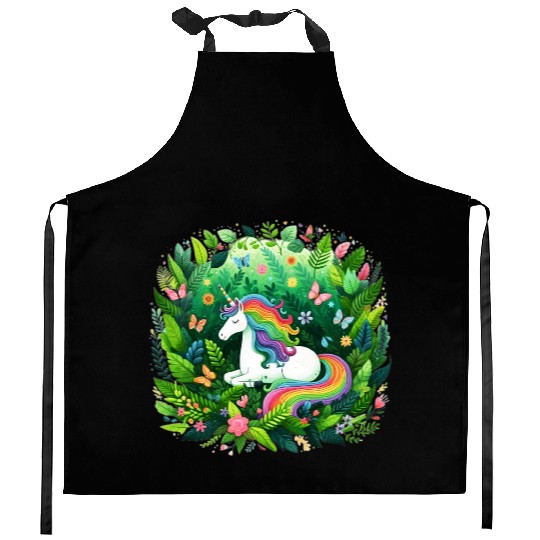 Unicorn, fantasy design, Unicorn in flower garden Kitchen Aprons