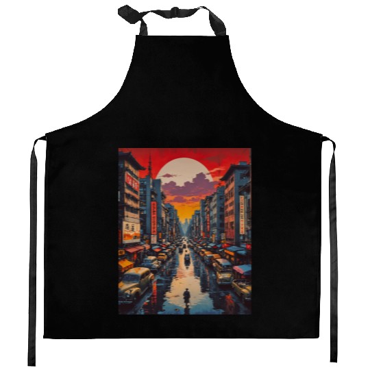 Twilight Reflections in Neon City Kitchen Aprons