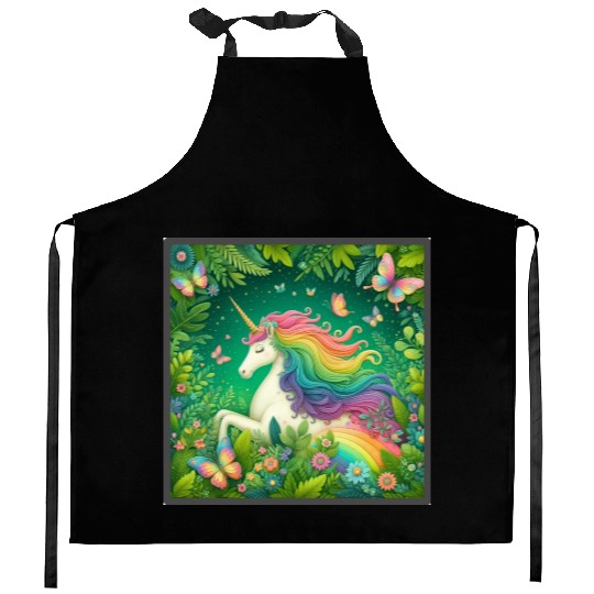 Unicorn, Unicorn butterfly in flower garden design Kitchen Aprons