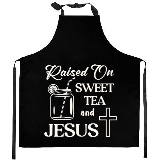 Raised On Sweet Tea And Jesus LIKE US ON FACEBOOK Kitchen Aprons
