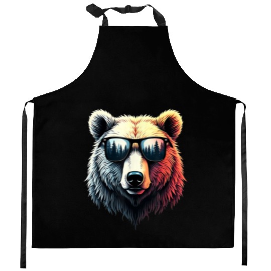 Funny Colorful Bear in Sunglasses Men Women Bears Kitchen Aprons
