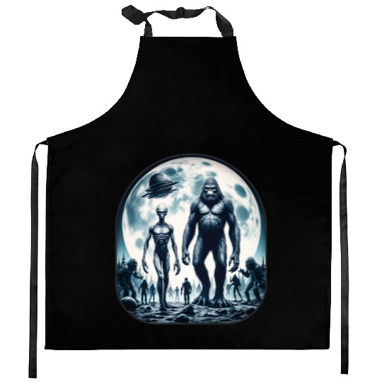 Alien And Bigfoot Sasquatch Moon Kitchen Aprons