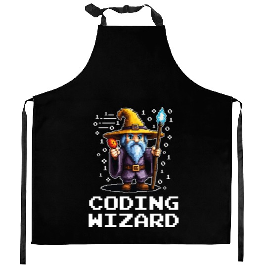 Funny Coding Wizard Pixel Fantasy Coder Magic Kitchen Aprons