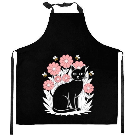 Cottagecore Black Cat with Flowers and Bees Kitchen Aprons