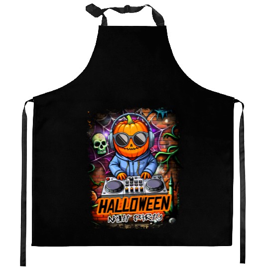 Halloween Night Party DJ Pumpkin Kitchen Aprons