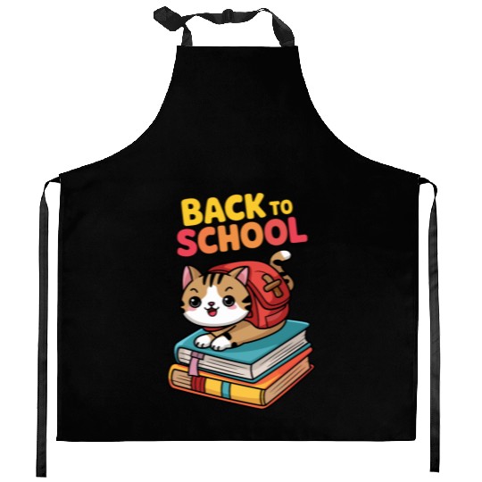 Playful Cat Back to School Illustration Kitchen Aprons