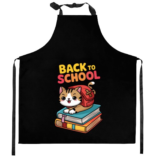 Playful Cat Back to School Illustration Kitchen Aprons