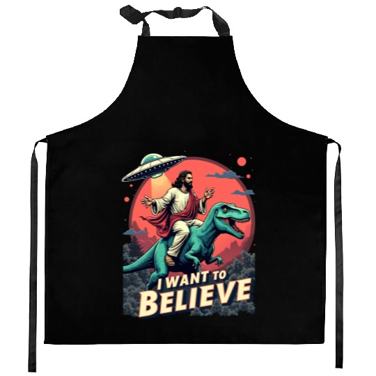 Jesus Riding a Dinosaur with UFO - I Want to Belie Kitchen Aprons