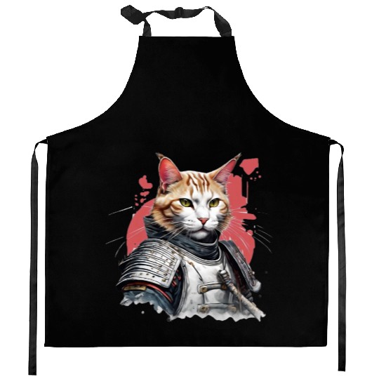 Samurai Cat in Armor Kitchen Aprons