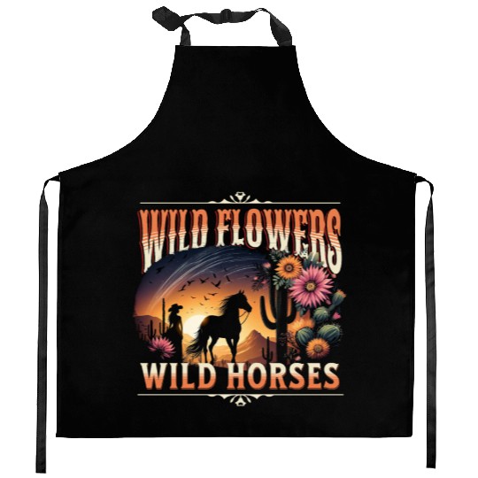 Wild Horses Cowgirl Women's Wildflowers And Horses Kitchen Aprons