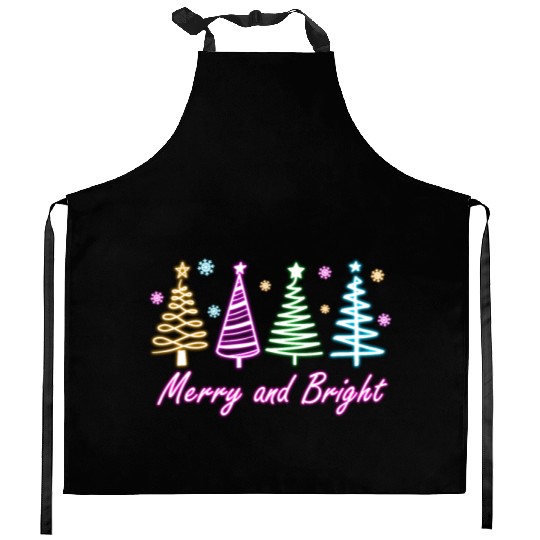 Merry and Bright Tree Neon Christmas Kitchen Aprons