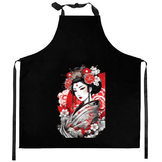 Elegant Geisha with Floral Kimono Kitchen Aprons