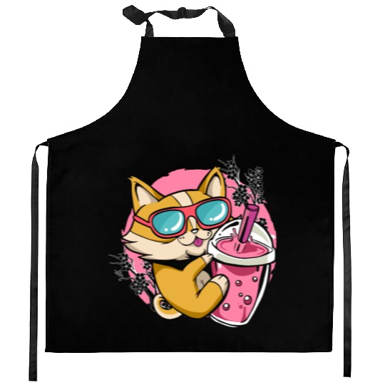 Kitten Kawaii Boba Milk Tea Drinking Cat Kitchen Aprons