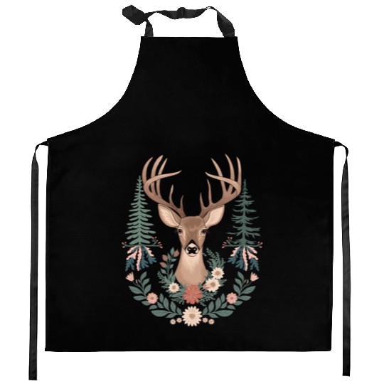 Cottagecore Deer with Floral Wreath and Evergreen Kitchen Aprons