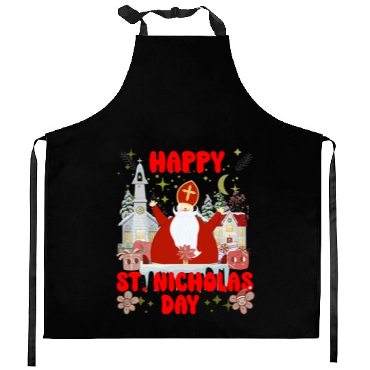 Happy saint Nicholas dayretro logo Kitchen Aprons
