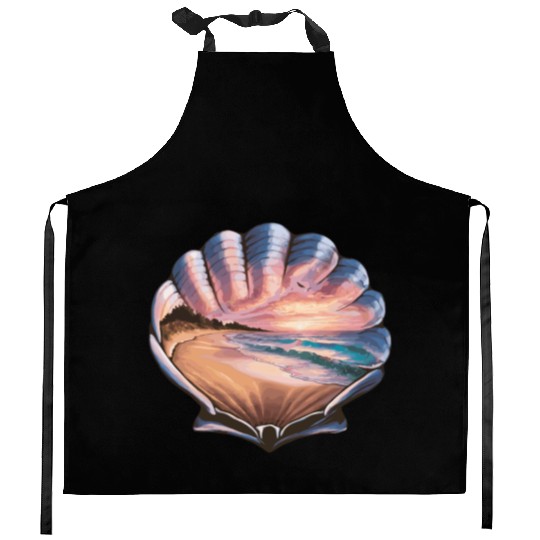 Seashell Beach Scene Serene Ocean Landscape Kitchen Aprons