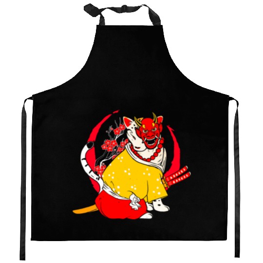 Kanji Japan Katana Oni Ninja Cat Samurai Kitchen Aprons