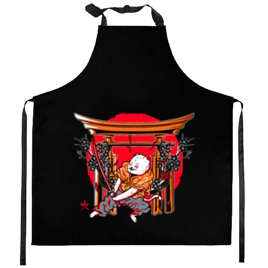 Kanji Japan Katana Ninja Cat Samurai Kitchen Aprons