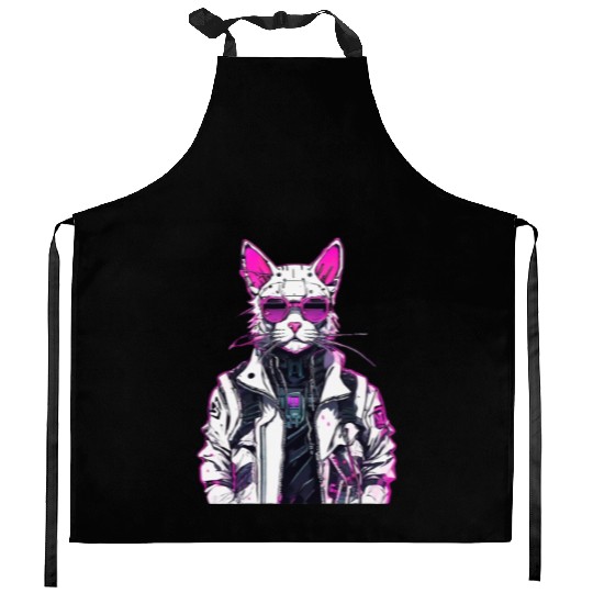 Cyberpunk Cat: Neon Outlaw Kitchen Aprons