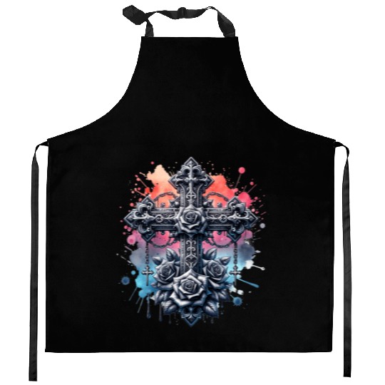Gothic Collection - Crosses Roses Pastel B/ground Kitchen Aprons