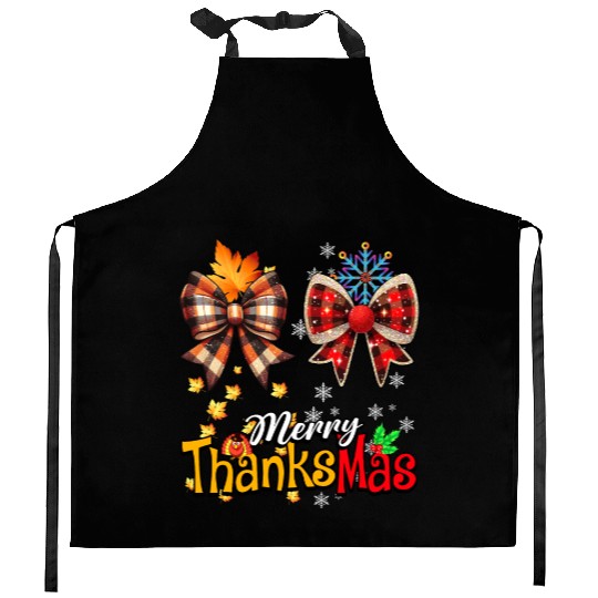 Merry Thanksmas plaid Coquette Bow Christmas Plaid Kitchen Aprons