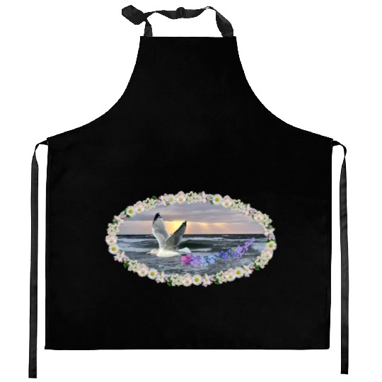 sea beach sunset seagull kitsch flashy magic Kitchen Aprons