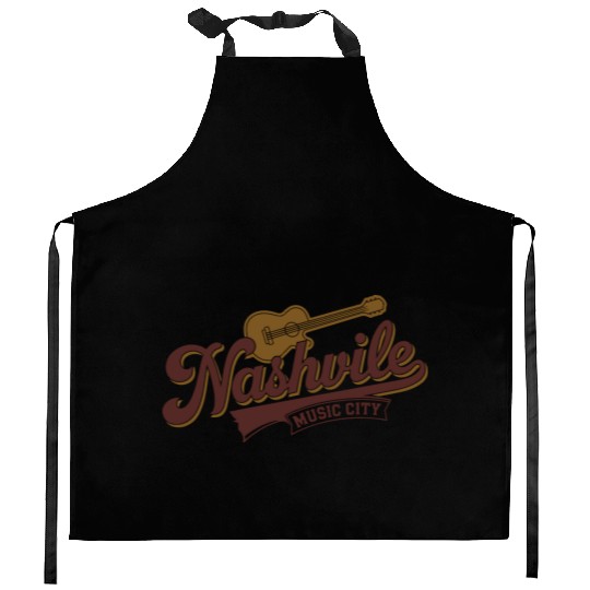 Nashville Music City Logo with Guitar Illustration Kitchen Aprons