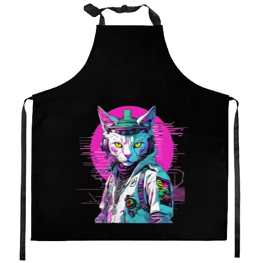 Neon Cyberpunk Warrior Cat Kitchen Aprons