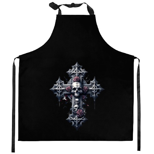 Gothic Cross Collection - Skulls and Red Roses Kitchen Aprons