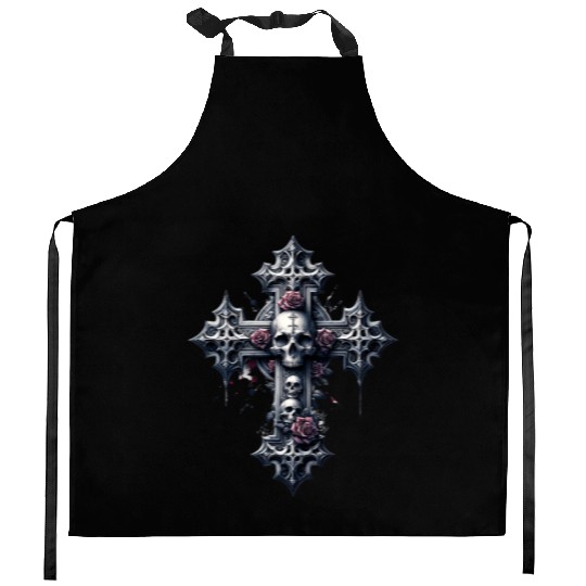 Gothic Cross Collection - Skulls and Red Roses Kitchen Aprons