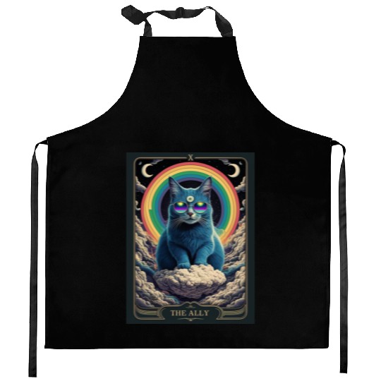 tarot card the alley blue cat rainbow sunglasses Kitchen Aprons