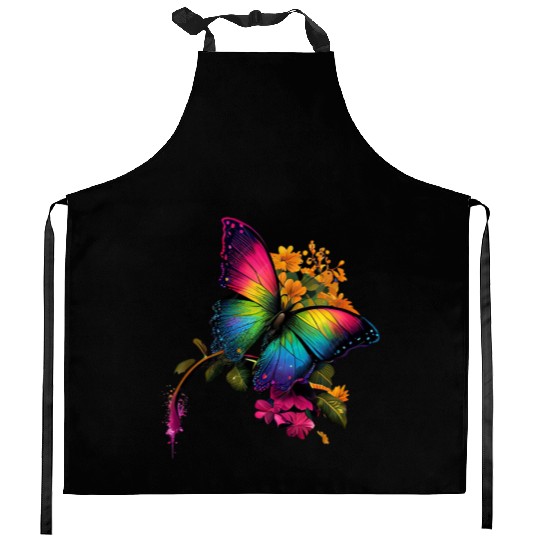 rainbow butterfly on flower Kitchen Aprons