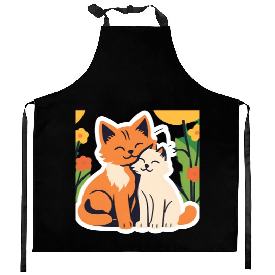 3d cat dou sweet and joyful Kitchen Aprons