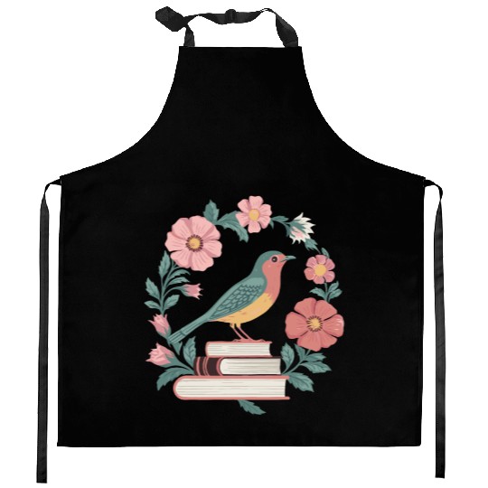 Cottagecore Bird and Books with Floral Beauty Kitchen Aprons
