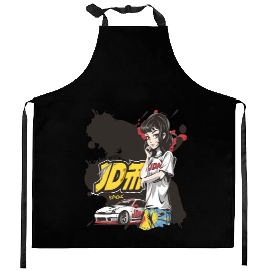 Cute Anime Girl JDM Car Street Racer Kitchen Aprons