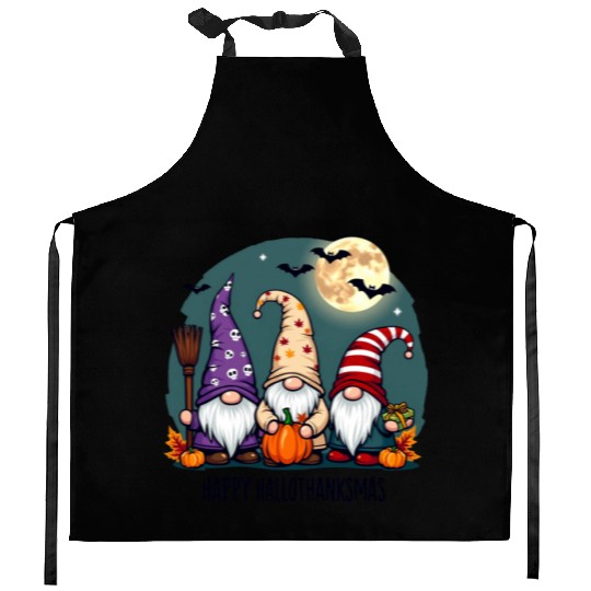 Happy Hallothanksmas Gnomes Celebration with Bats Kitchen Aprons