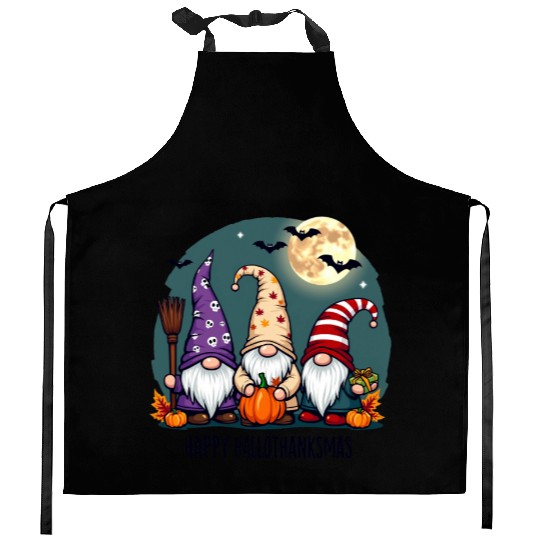 Happy Hallothanksmas Gnomes Celebration with Bats Kitchen Aprons