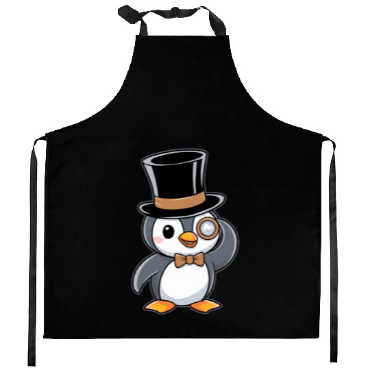 Classy Penguin with Top Hat and Monocle Kitchen Aprons