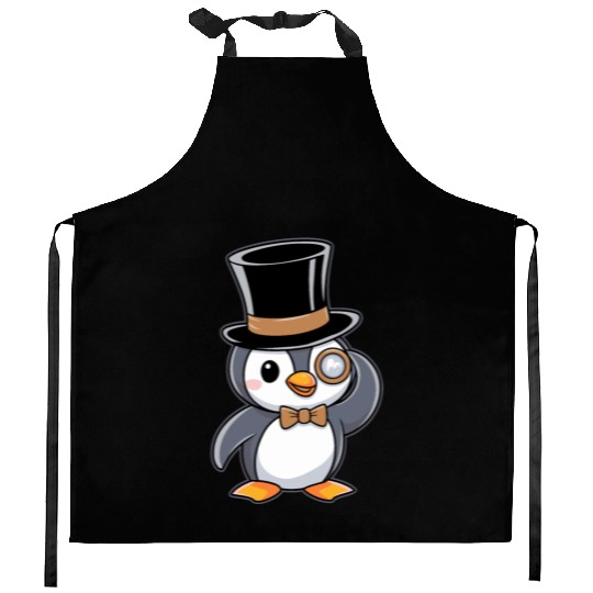 Classy Penguin with Top Hat and Monocle Kitchen Aprons