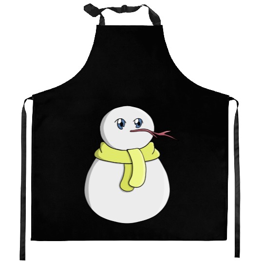 Snowman wearing a yellow scarf Kitchen Aprons