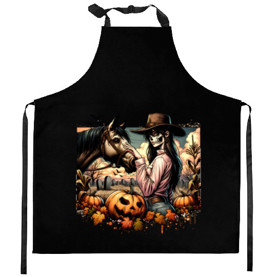 Haunting Cowgirl and Horse in Halloween Graveyard Kitchen Aprons