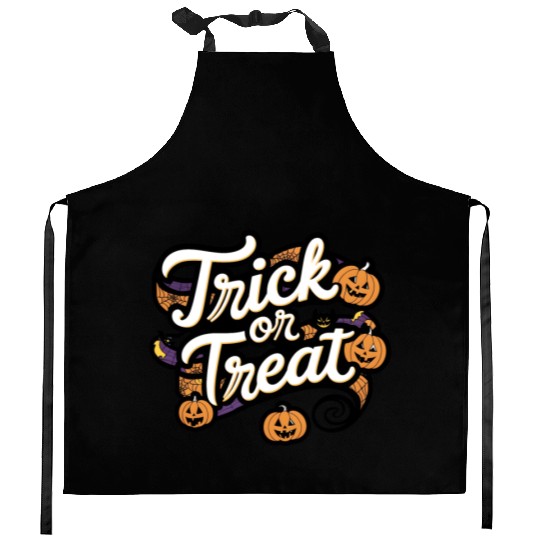 Whimsical Halloween Design Titled Trick or Treat Kitchen Aprons